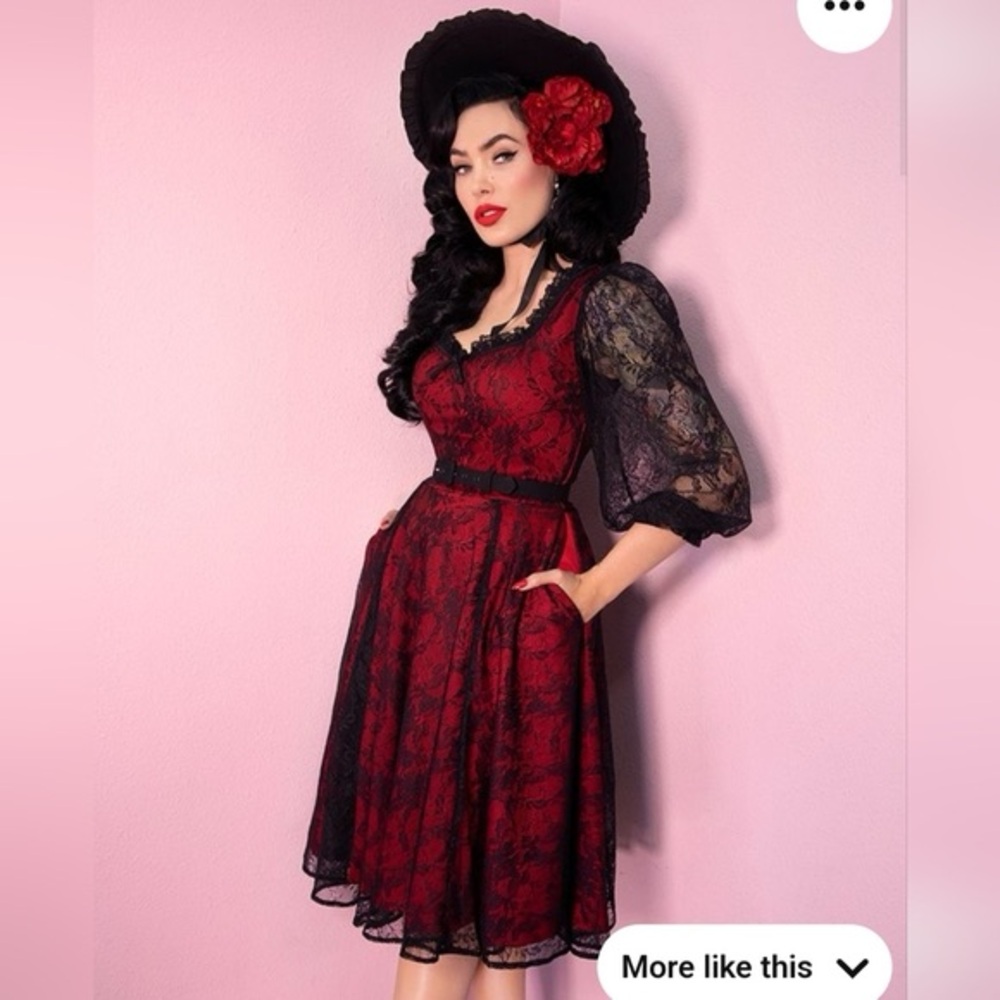 Vixen by Micheline Pitt Black and Red Lace Midi Dress